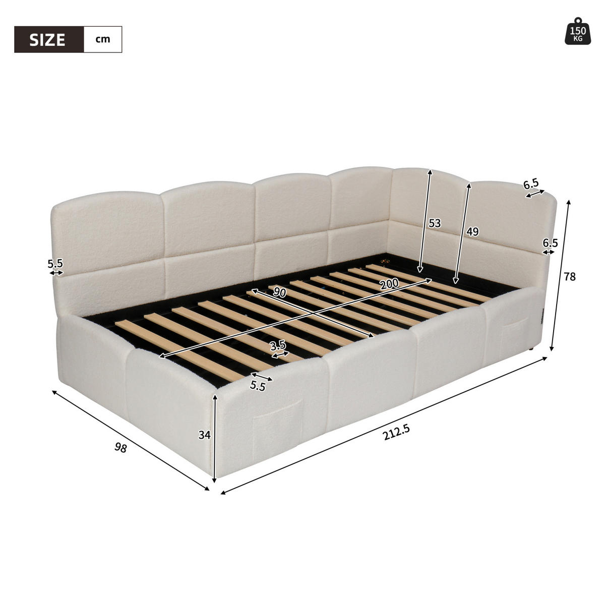 POLSTERBETT 90/200 cm mit hydraulischem Stauraum, USB-A/USB-C, Stautaschen und Bouclé-Bezug, Beige - Beige, Textil (90/200cm) - Redom
