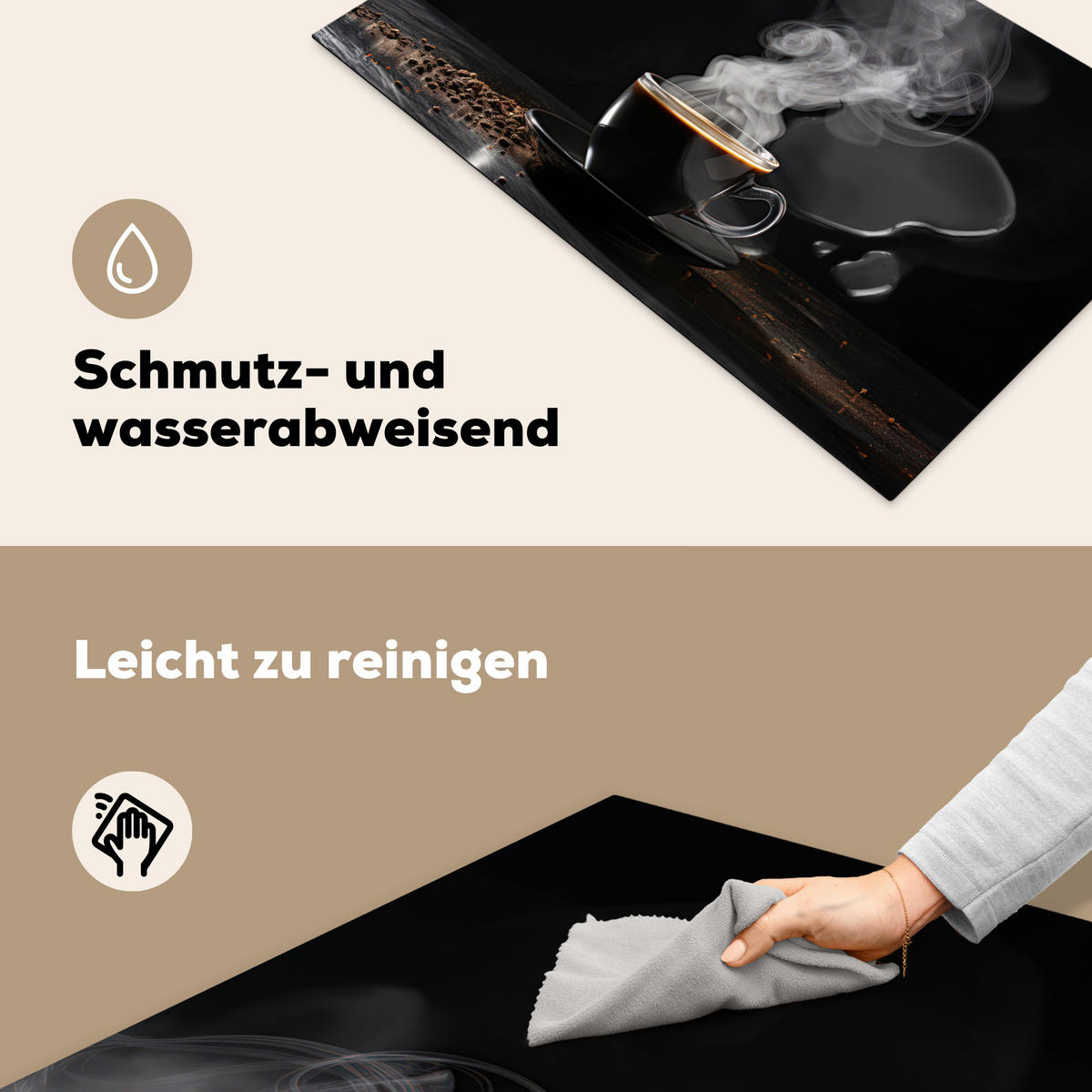 HERDABDECKPLATTE Kaffee - Schwarz - Bohnen - Heiß - Tasse Ceranfeldabdeckung 85x52 cm - Schwarz, Kunststoff (85/52/0.2cm) - MuchoWow
