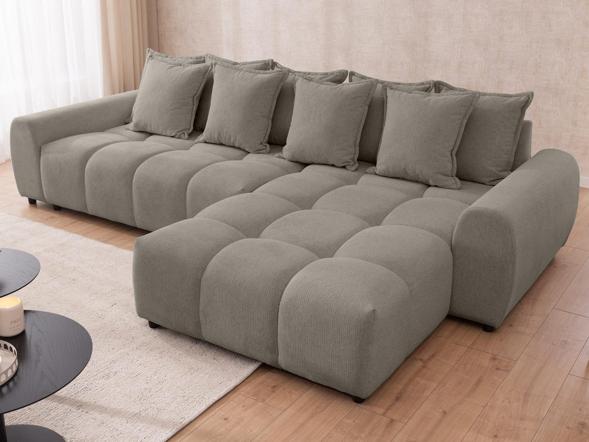 ECKSOFA Bubble mit losen Rückenkissen und Sitzfläche in Bubble-Optik aus weichem Taupe Strukturstoff mit schöner Sitzkomfort - Ottomane rechts - Taupe/Schwarz, Holz/Kunststoff (306/180cm) - S-Style Möbel