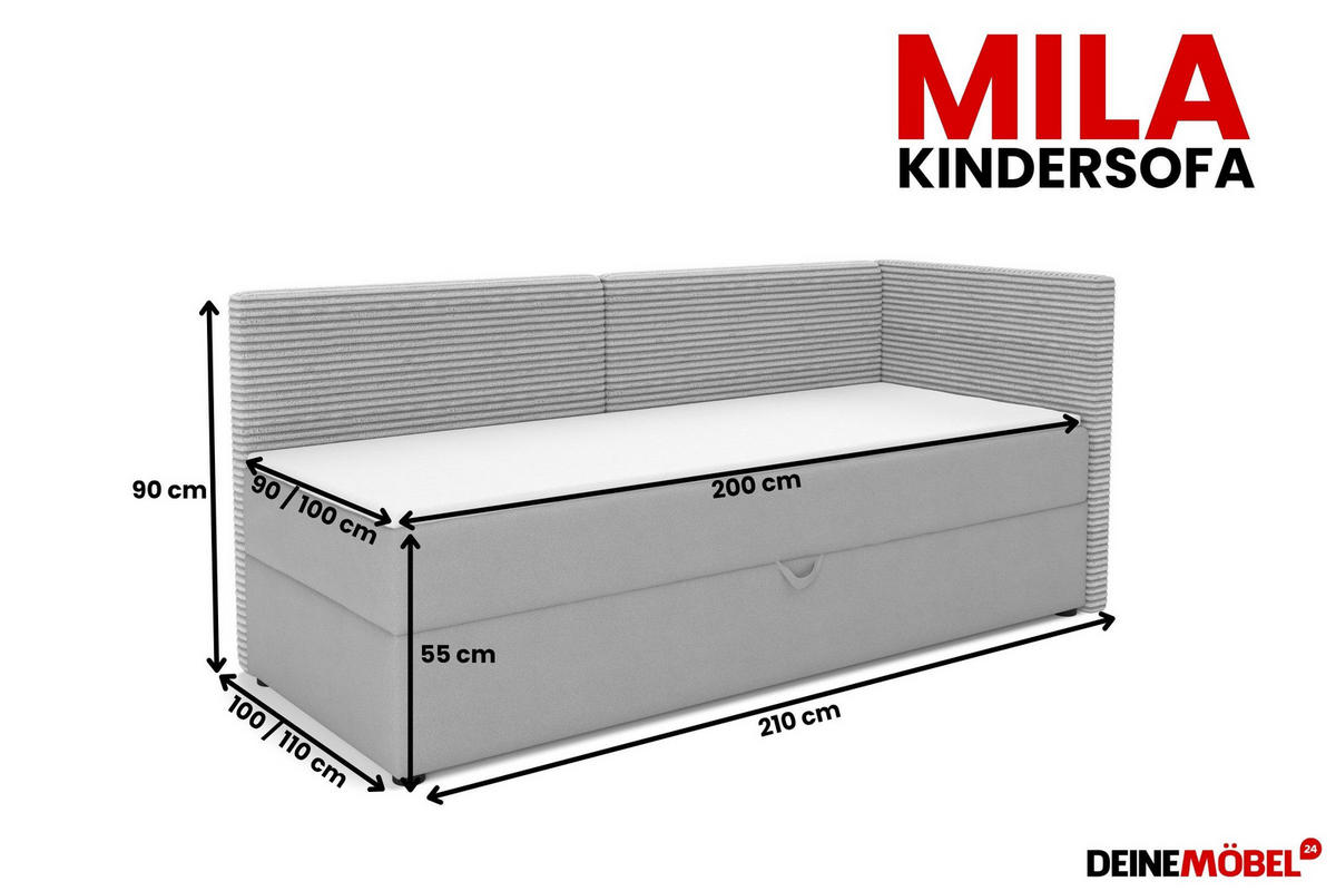BOXBETT MILA 100/200 in Cord/Velours Hellgrau H3 rechts - Hellgrau, Holz/Holzwerkstoff (100/200cm) - Deine Möbel 24