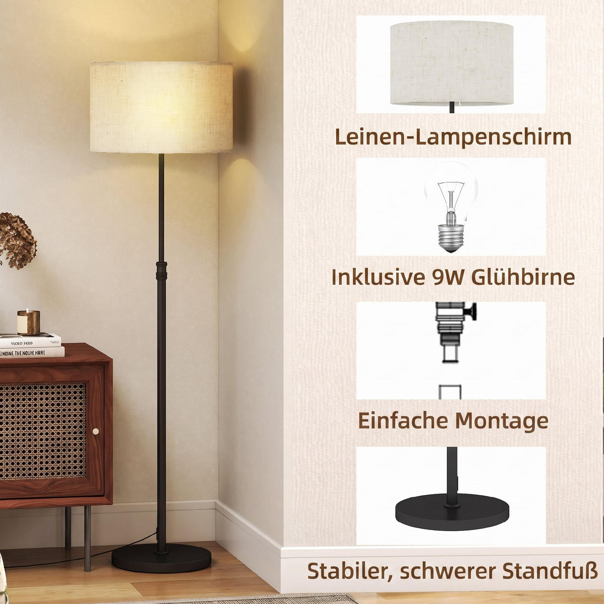 STOJACÍ lampa, ocel, lněná látka, černá - černá, kov (40/40/168cm) - HOMCOM