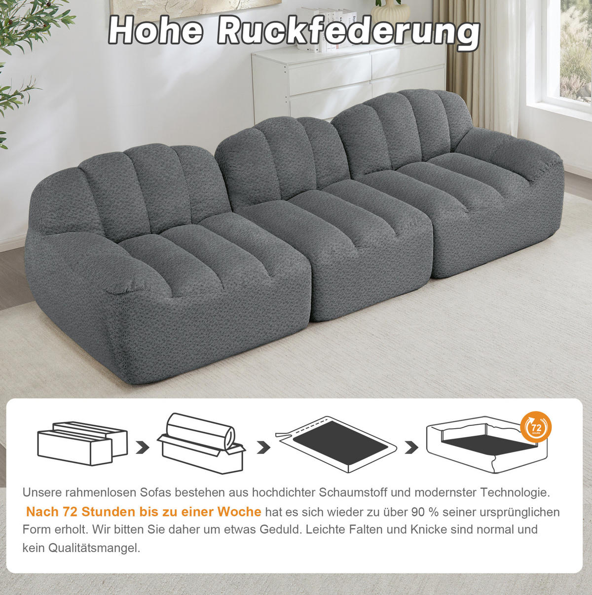 SOFA in Grau mit Ottoman und flexibler Stellvariante - Grau, Textil (104/79/288cm) - Flora Grace