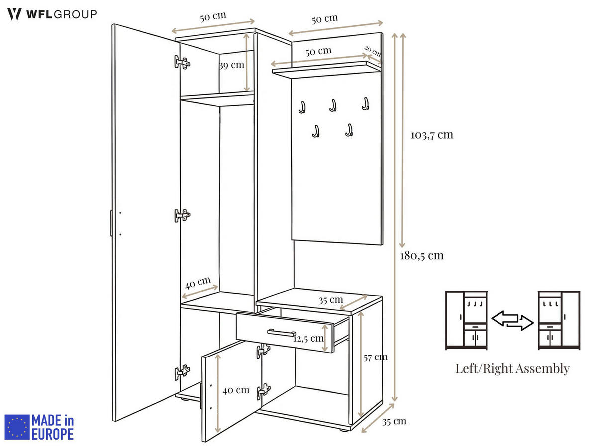 GARDEROBE Talia mit Spiegel, universell montierbar, 100/180/35 cm Grau - Grau, Holzwerkstoff (100/180.5/35cm) - WFL GROUP