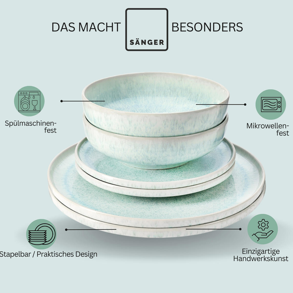 TAFELSERVICE PAROS - 12 teilig aus Steingut - Türkis, Stein (27.5/5/27.5cm) - Sänger