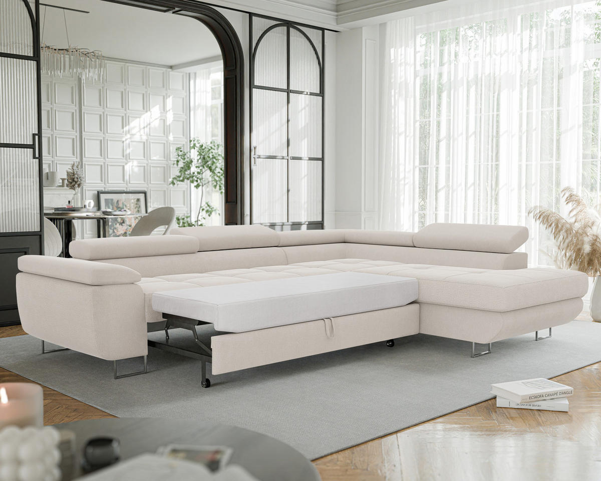 ECKSOFA ANTON mit Schlaffunktion und Bettkasten Creme - Creme, Holzwerkstoff/Kunststoff (274/203cm) - Idohome