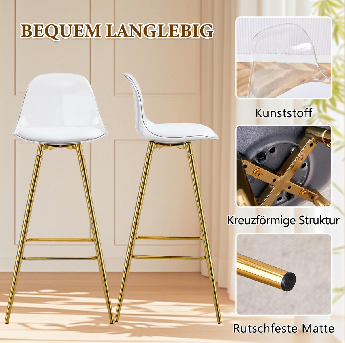 BARHOCKER 2er-Set mit Rückenlehne Metall/Kunststoff Gold Transparent - Goldfarben, Metall (33/96.5/38cm) - Meubliv