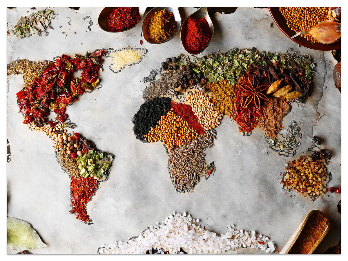 FOTOTAPETE für Küche Gewürz-Weltkarte Kulinarisch Kunst 350x256 - Beige/Gelb, Papier (350/256cm) - Muralo