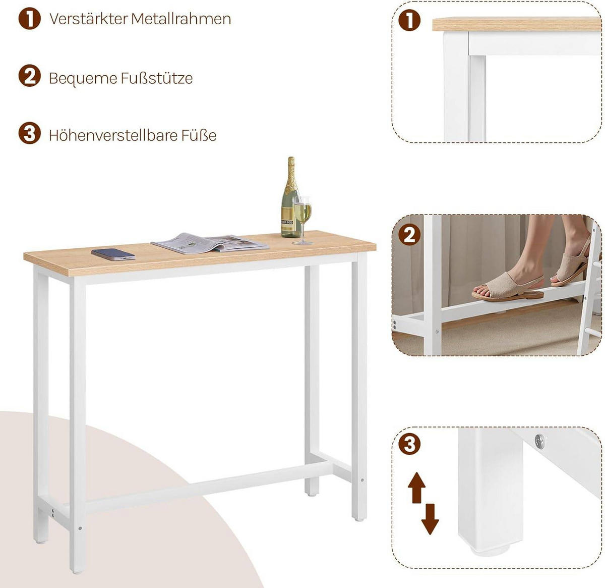 BARTISCH, Metallgestell, Tischplatte aus MDF, 120x100x40cm - Hellbraun/Weiß, Holzwerkstoff/Metall (40/120/100cm) - Woltu