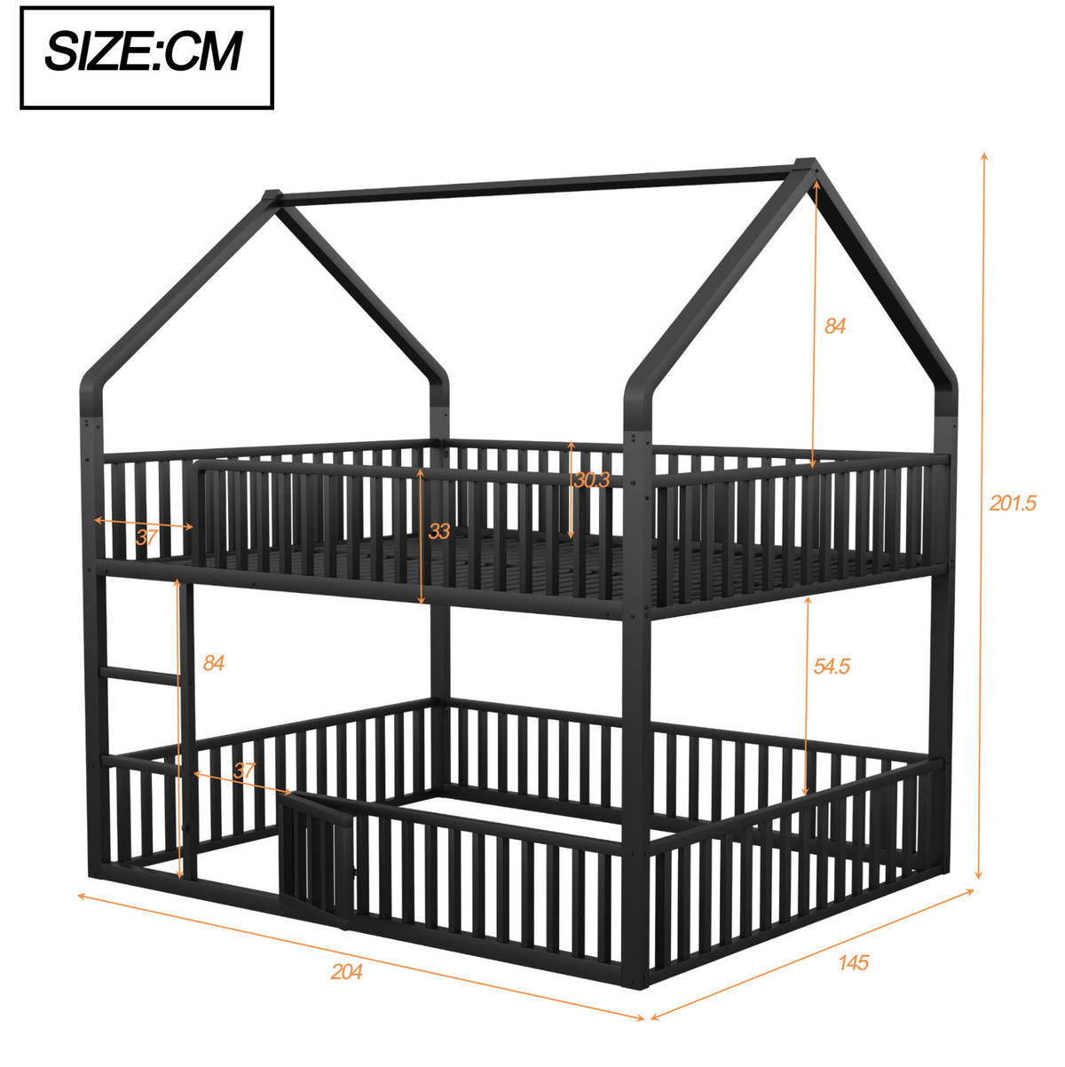 HAUSBETT 140/200 cm aus Metall in Schwarz mit Hausform und Leiter - Schwarz, Metall (140/200cm) - BEAOK