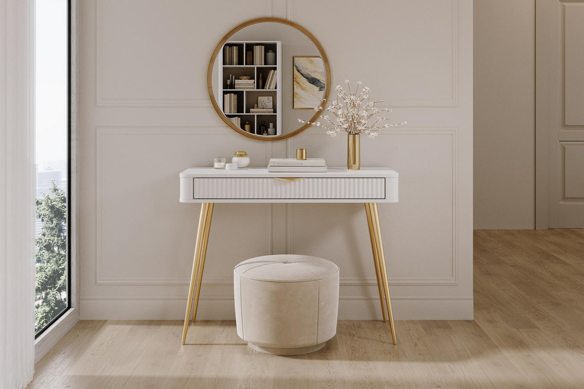 KONSOLENTISCH Flore 100 cm Weiß / Gold - mit geriffelter Schublade - Gelb/Goldfarben, Holz/Holzwerkstoff (38/100/78cm) - Ravio