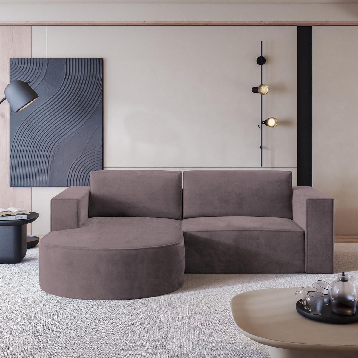 ECKSOFA SORELA M L-S Lila Velours-Stoff mit Schlaffunktion - Lila, Holz (263/174cm) - MASSENO