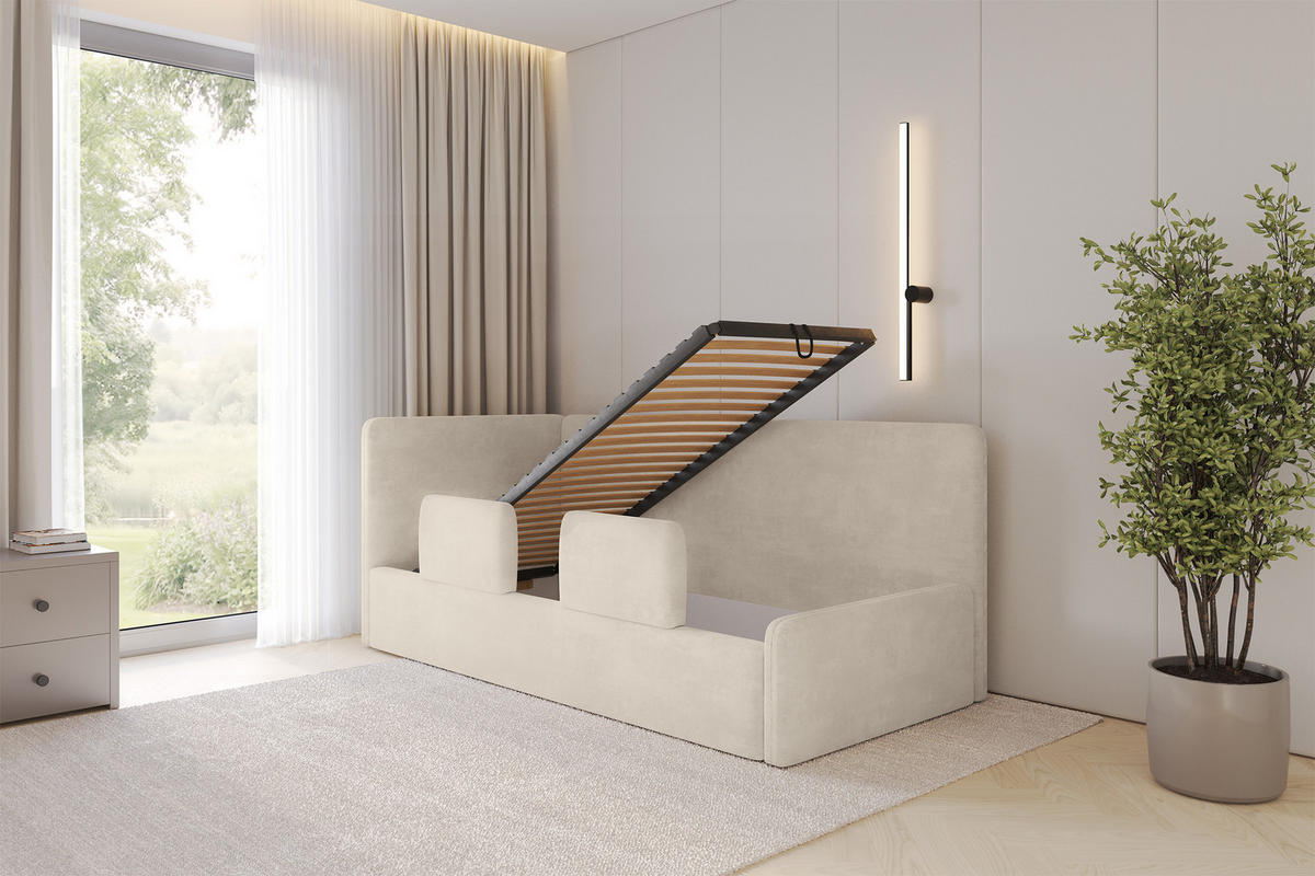 EINZELLBETT Jugendbett mit Bettkasten, Rechts - NORY 100x200 Beige - Naturfarben, Holzwerkstoff/Textil (100/200cm) - ALTDECOR