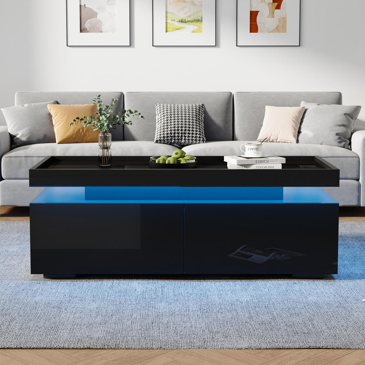 COUCHTISCH 95/45/35 cm in Schwarz aus Spanplatte mit LED und 2 Schubladen - Schwarz, Holzwerkstoff (95/45/35cm) - OKMYHOME
