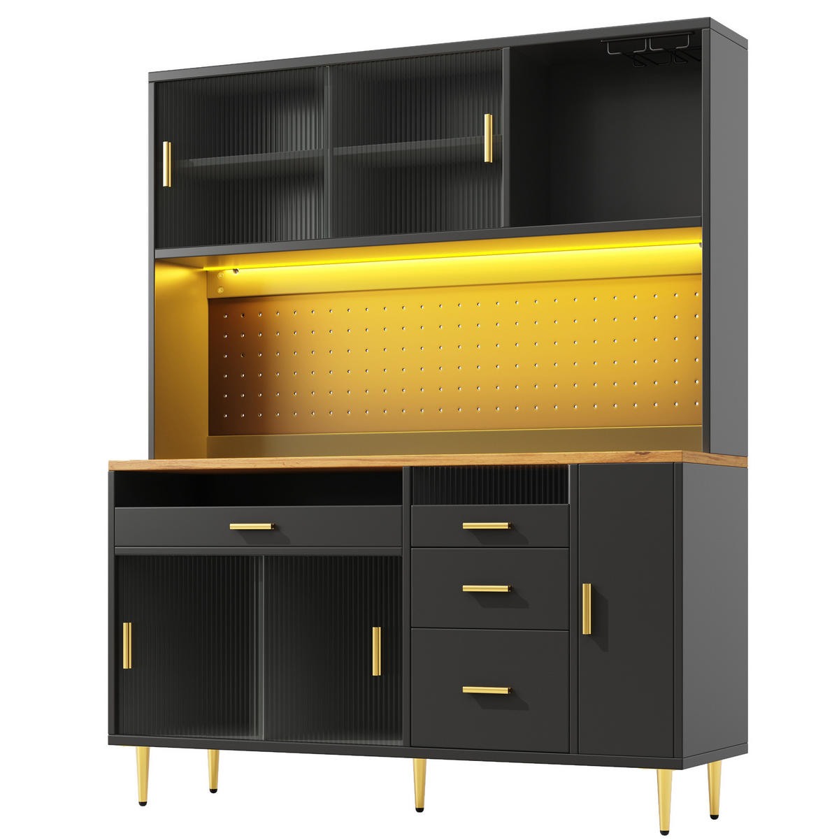 BUFFET 145/39/171 cm aus MDF und Glas mit LED-Beleuchtung und Glasschiebetüren Schwarz - Schwarz, Holzwerkstoff (145/171/24cm) - Modenvie