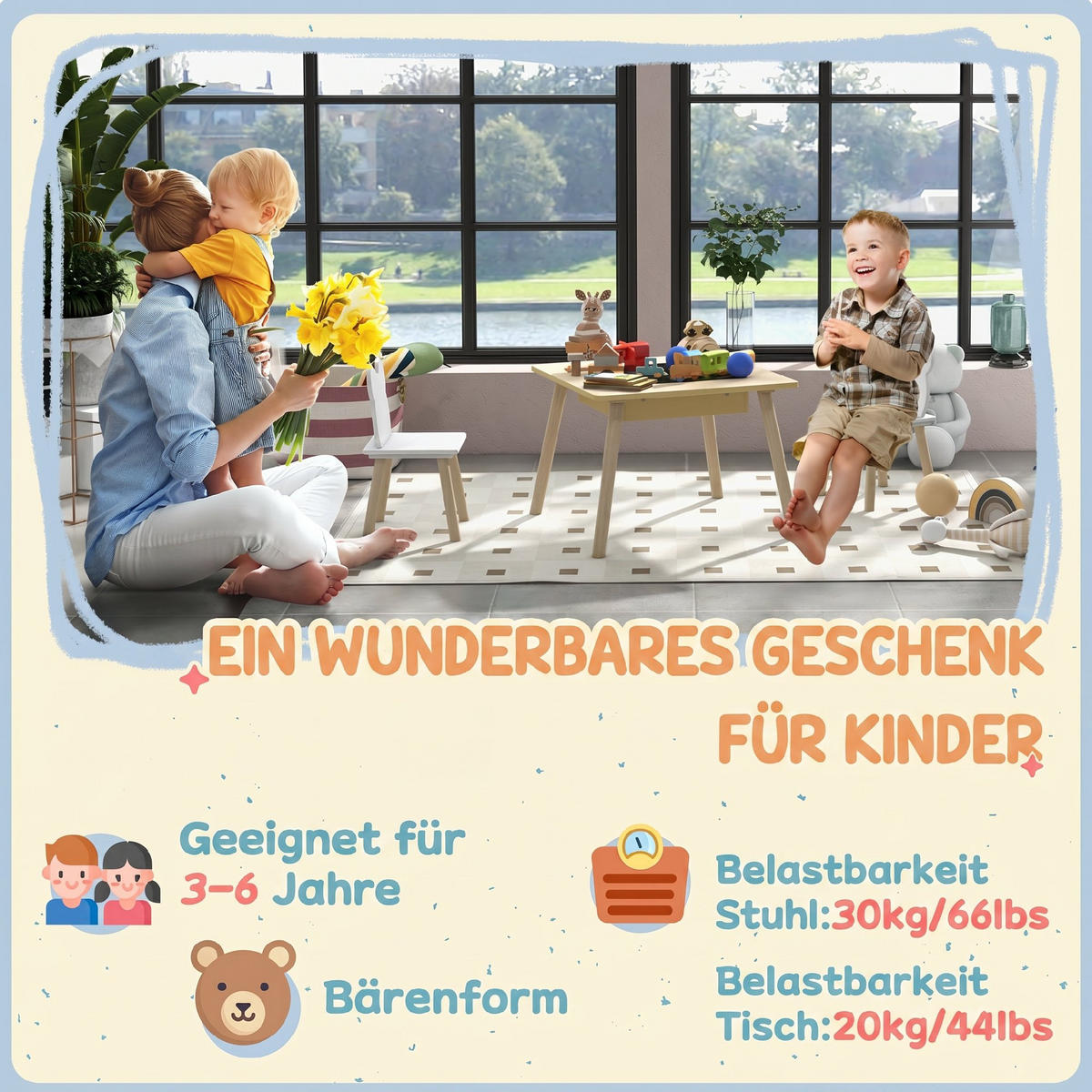 KINDER-TISCH-STUHL-SET 3er Set MDF Naturholz - Weiß/Naturfarben, Holz/Holzwerkstoff (60/44/60cm) - AIYAPLAY