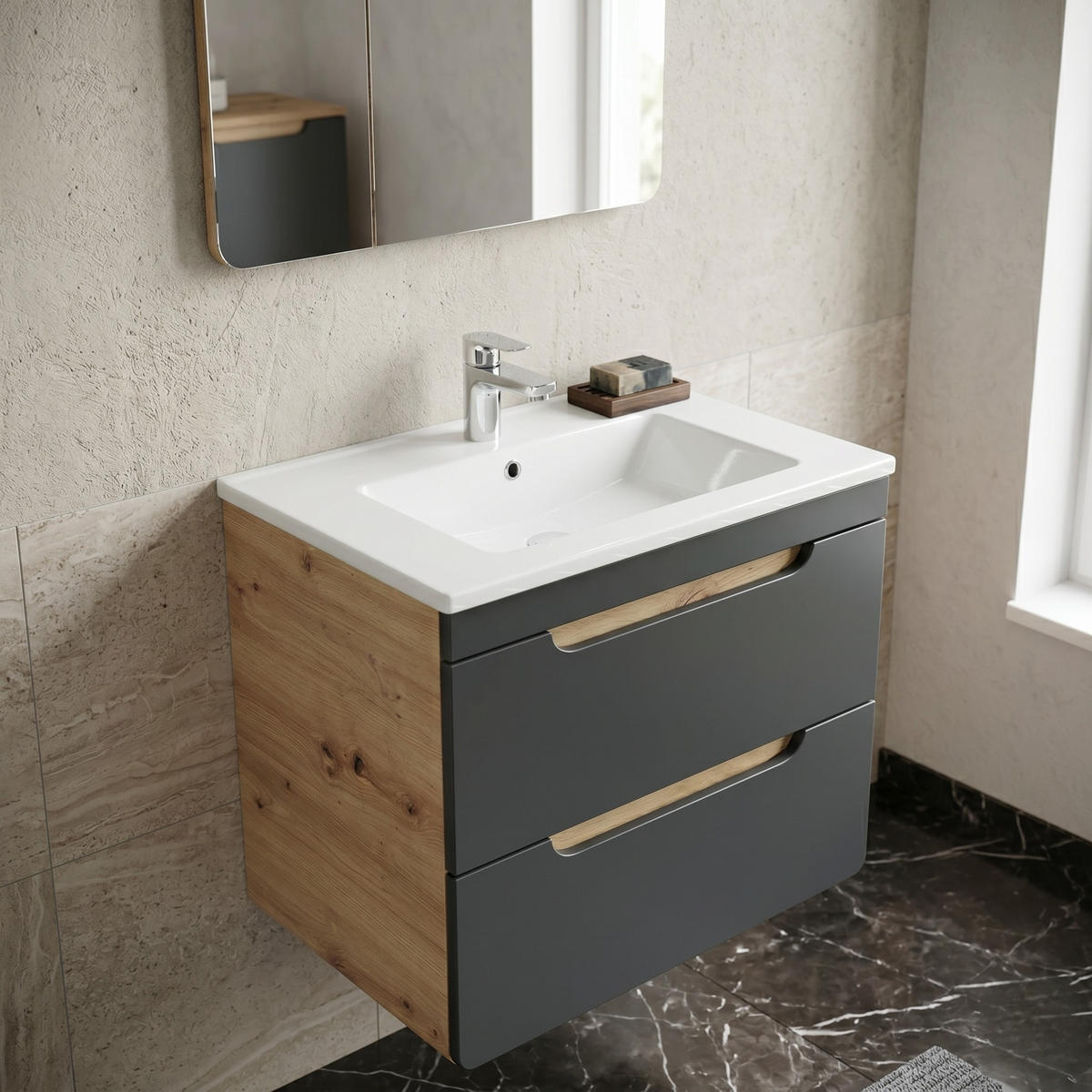 WASCHBECKENUNTERSCHRANK ARVIDA SZK5 Eiche Grau - Grau, Glas/Holzwerkstoff (60/59/46cm) - Komodee
