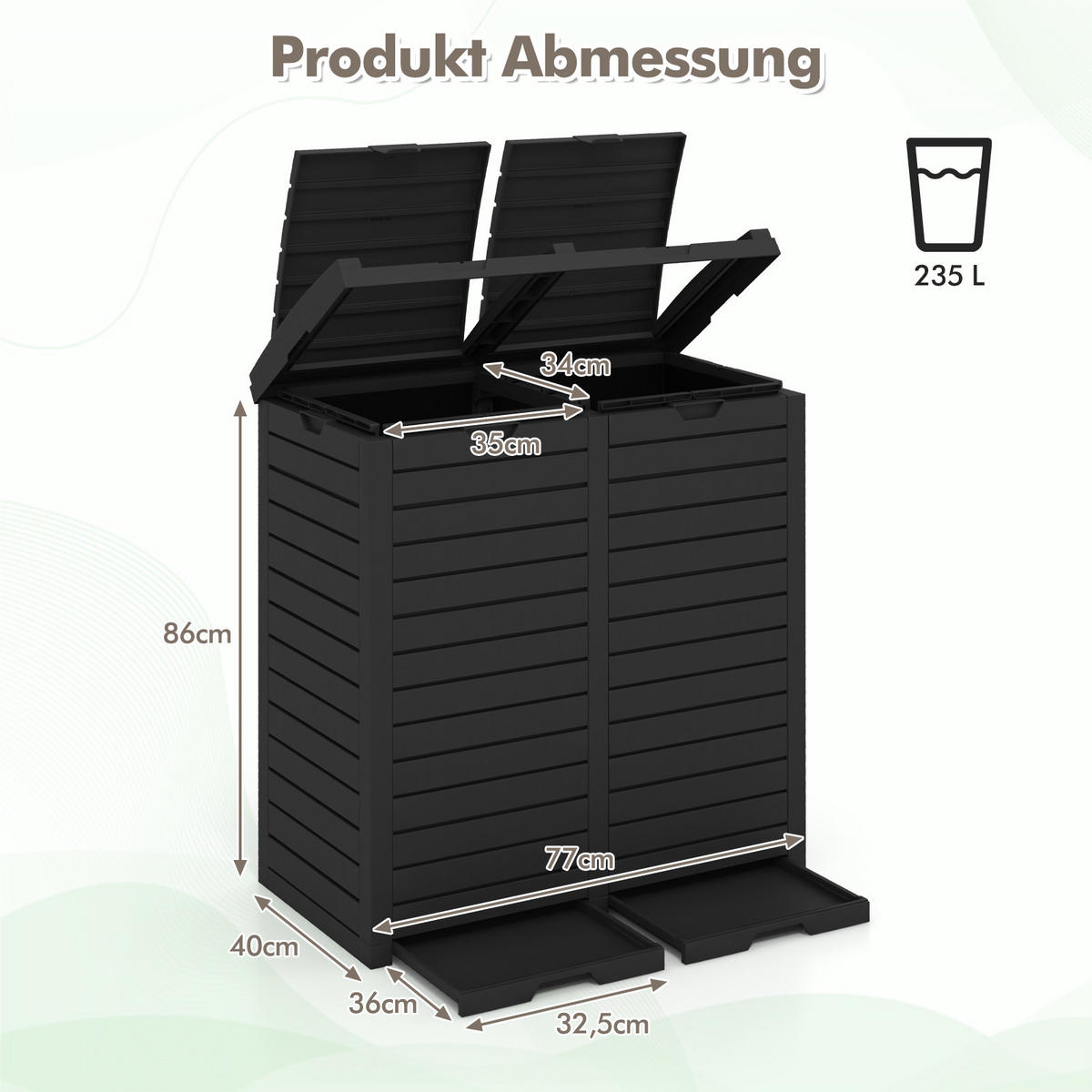 POPELNICE 235L s odpadkovým košem černá - černá, plast (77/86/40cm) - COSTWAY