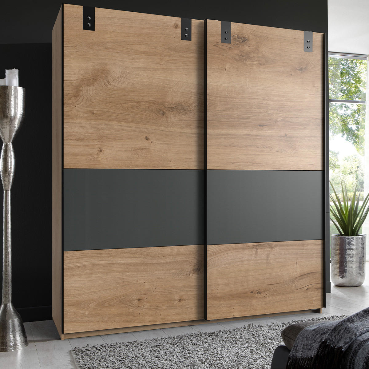 SCHRANK mit 2 Schiebetüren und graphitfarbenem Einsatz - L135 cm - Apfelbaumfarben, Holzwerkstoff (65/198/135cm) - Calicosy