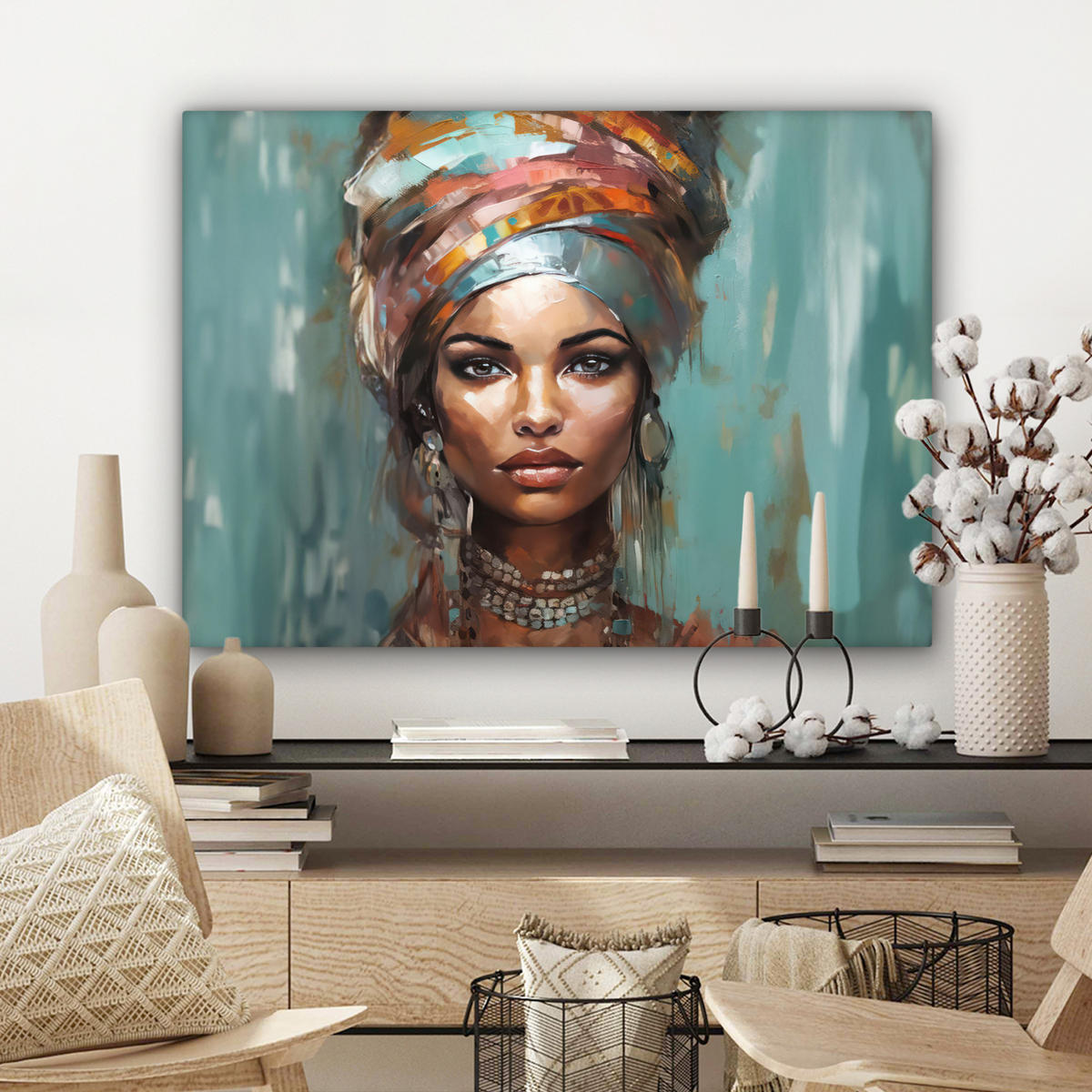 LEINWANDBILD Frau - Kunst - Schmuck - Porträt Wandbilder 80x60 cm - Blaugrau, Textil (80/60cm) - MuchoWow