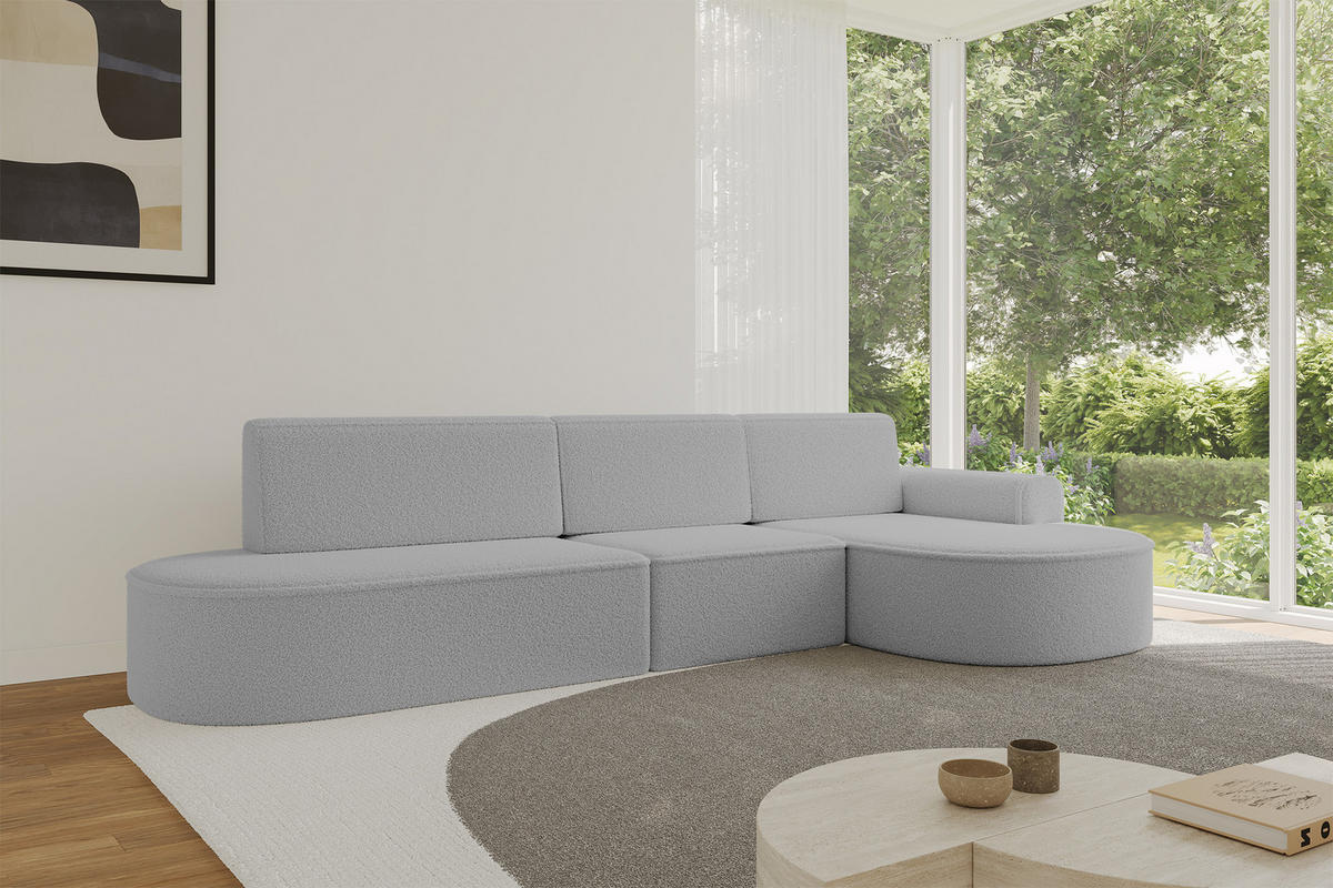 ECKSOFA mit Schlaffunktion Ottomane RECHTS MARI L2-S 368X167X85 Hellgrau Bouclé - Hellgrau/Schwarz, Holzwerkstoff/Kunststoff (167/368cm) - ALTDECOR