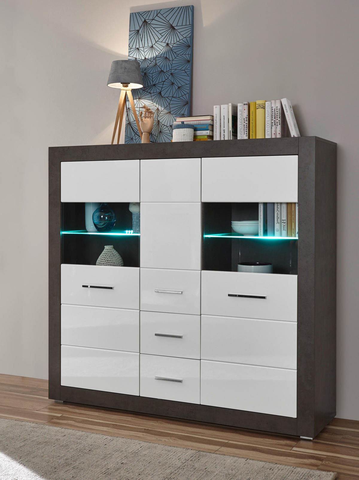 HIGHBOARD weiß Hochglanz, grau Stone 149 cm, Vitrine mit viel Stauraum - Chromfarben/Weiß Hochglanz, Glas/Holzwerkstoff (149/142/42cm) - Furn.Design