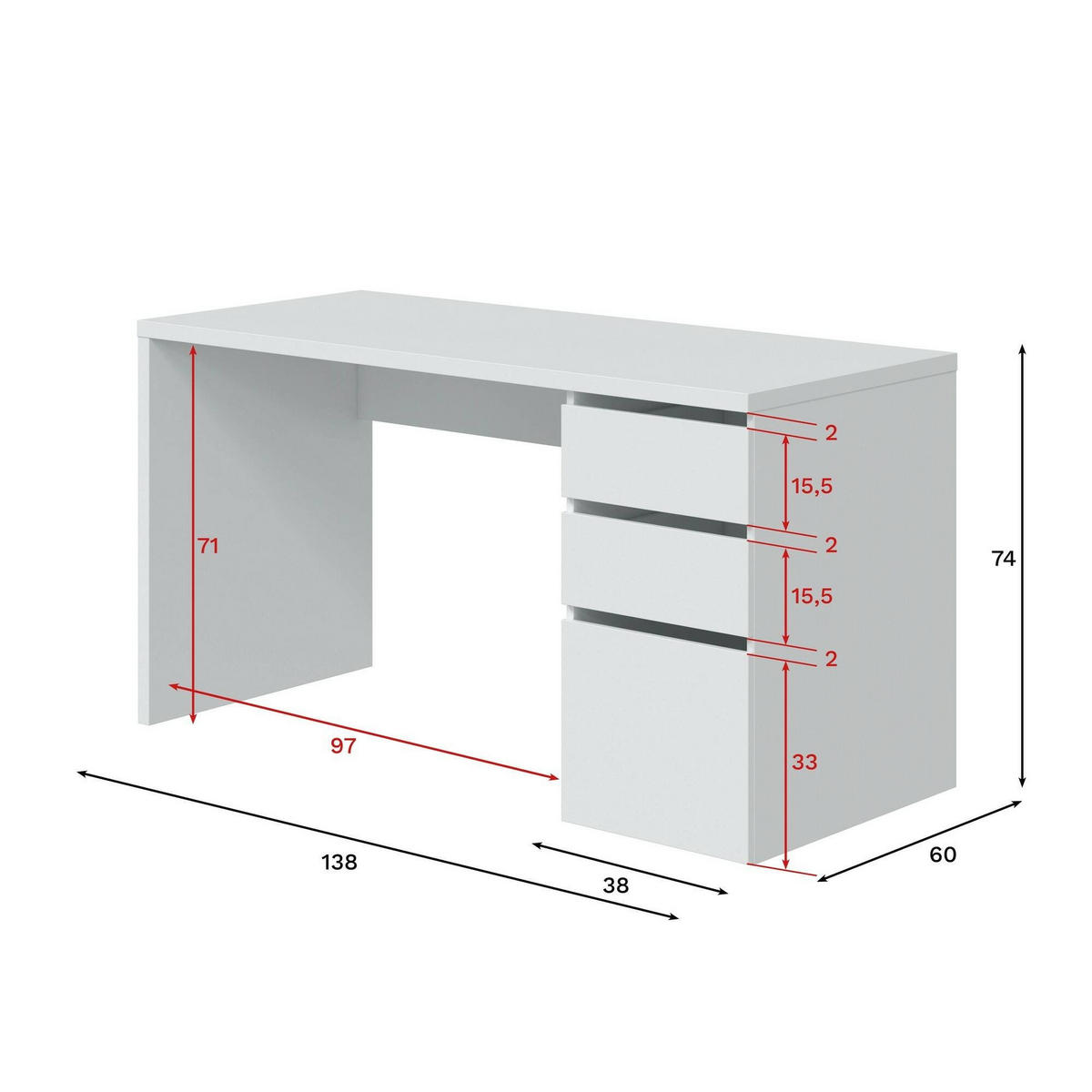 SCHREIBTISCH Weiß 60/138/74 cm - Weiß, Holzwerkstoff (60/138/74cm) - DMORA
