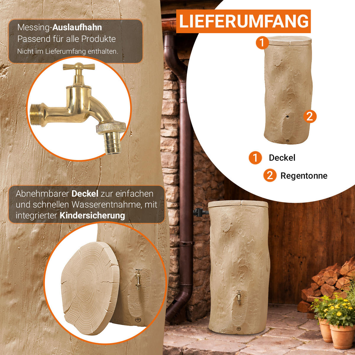 STOCK Regentonne 250 L, light - Braun, Kunststoff (60/119/60cm) - GARANTIA