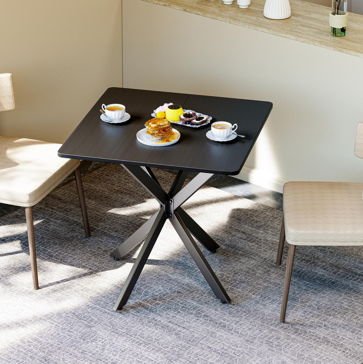 POMOĆNI stol 80/80/75 cm crni od željeza i iverice s X postoljem i podesivim nogama - crna, drvni materijal (80/80/75cm) - OKWISH