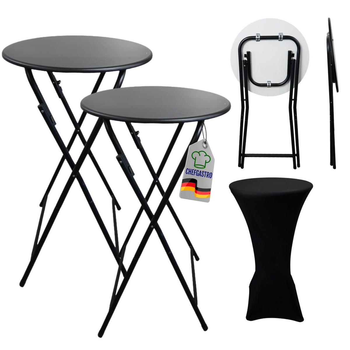 STEHTISCH 2er Set mit Hussen klappbar HxØ 110x60cm MDF-Platte mit PVC-Beschichtung Schwarz - Schwarz, Metall (110/60/110cm) - CHEFGASTRO