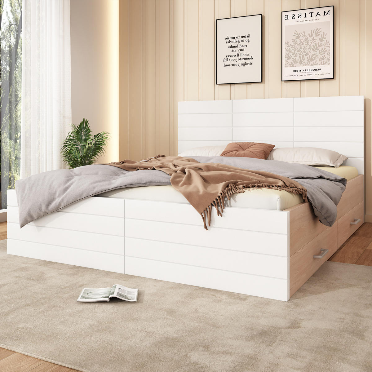 POLSTERBETT 140×200 cm aus Massivholz und MDF mit zwei Schubladen und Matratze, weiß - Weiß, Holzwerkstoff (140/200cm)
