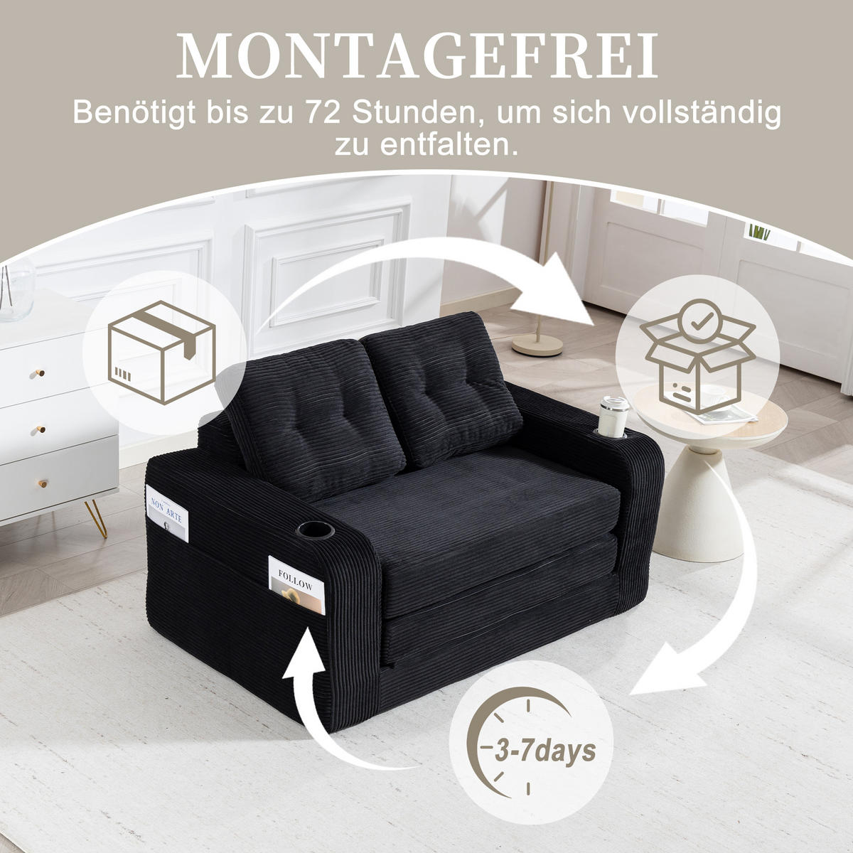 SCHLAFSOFA in Schwarz Cord mit Getränkehalter und Seitentaschen - Schwarz, Textil (136/82.5/80cm) - Oxeza