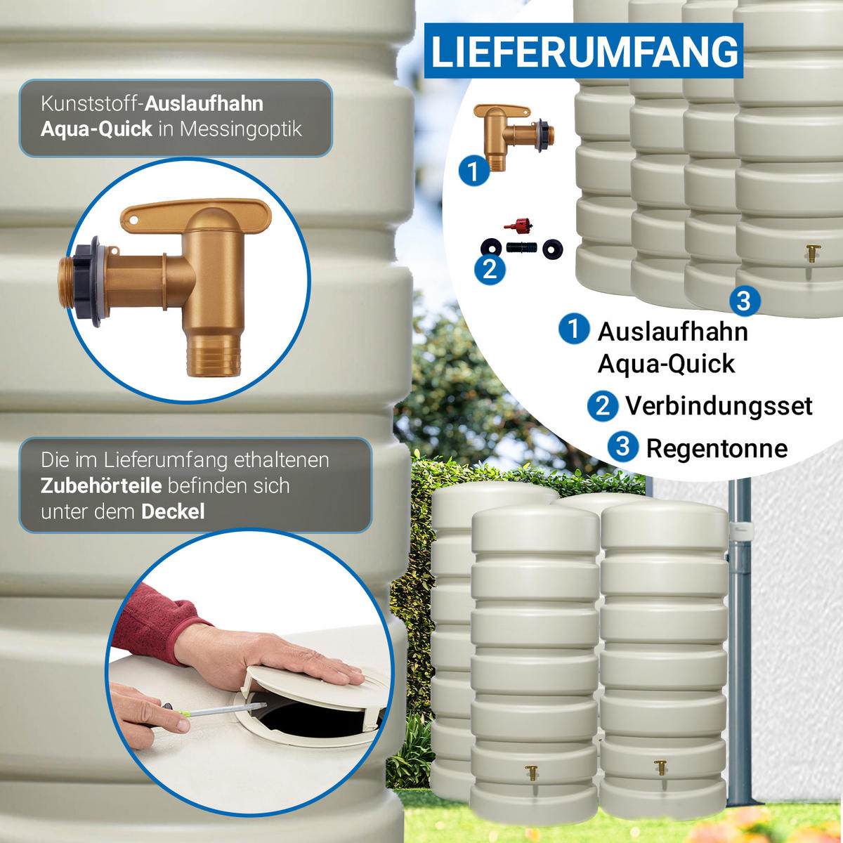 WANDTANK-SET 2600 L sandbeige 4 x 650 L inkl. Verbindungsset - Beige, Kunststoff (350/192/60cm) - 4rain
