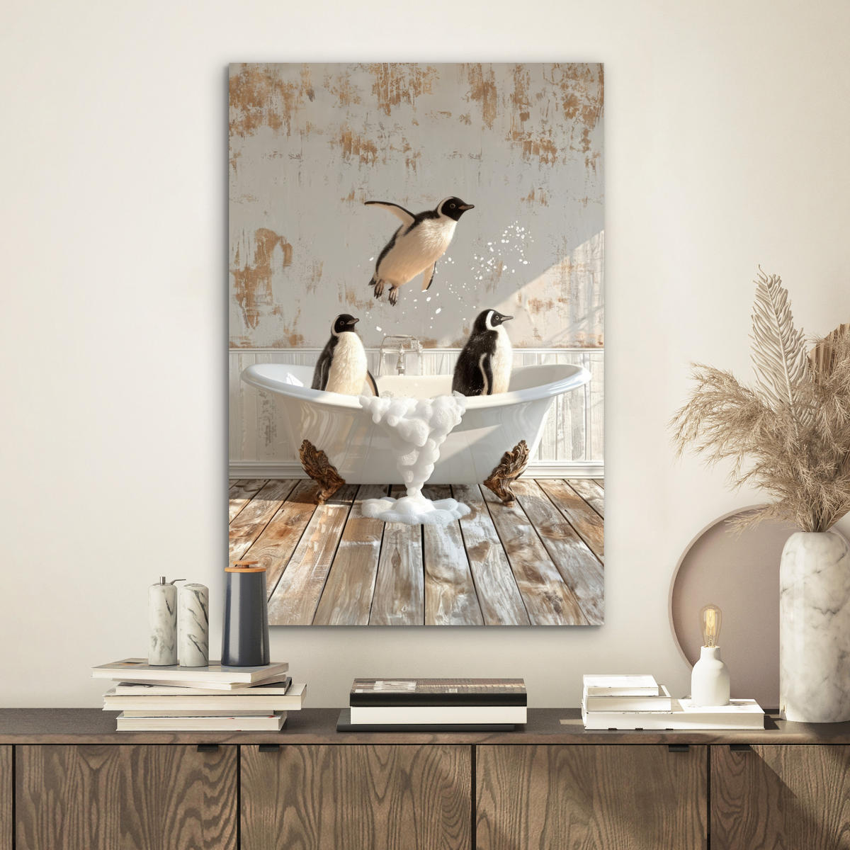 METALLBILD Vintage - Pinguin - Badewanne - Schaumstoff 40x60 cm - Schwarz, Metall (40/60cm) - MuchoWow