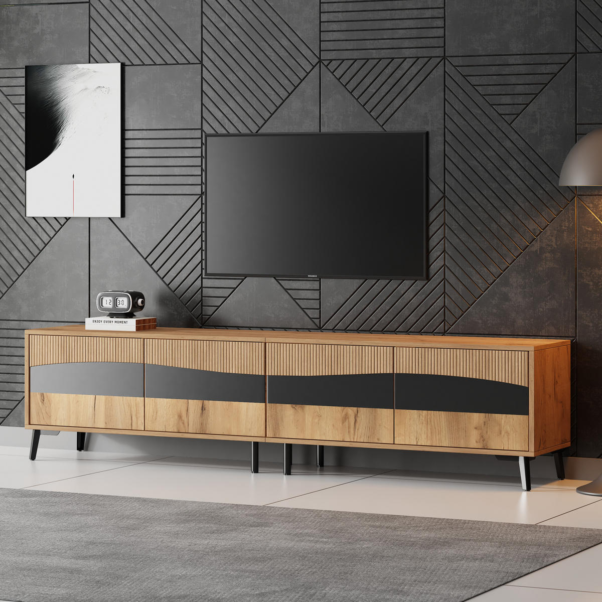 TV-LOWBOARD 180/40/50 cm mit 4 Türen - in Naturfarbe mit schwarzem Liniendekor - Naturfarben, Holzwerkstoff (180/50/40cm) - BEAOK