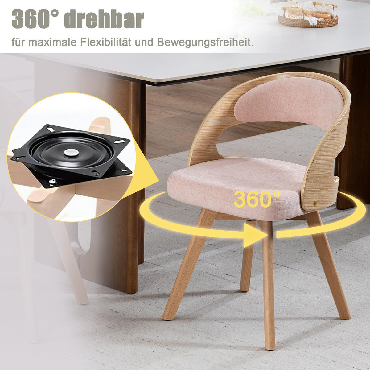 STUHL 2er-Set Esszimmerstuhl,360° drehbar,Massivholzrahmen,Leinenstoff,Rosa - Rosa, Holz (44/72/41cm) - LVHOM