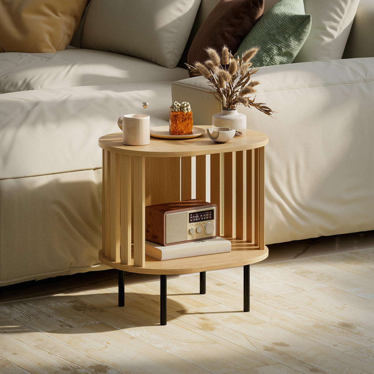 BEISTELLTISCH DE-15813 ovale Lattenablage Naturholz - Naturfarben, Holzwerkstoff (50/39/50cm) - ComfortXL