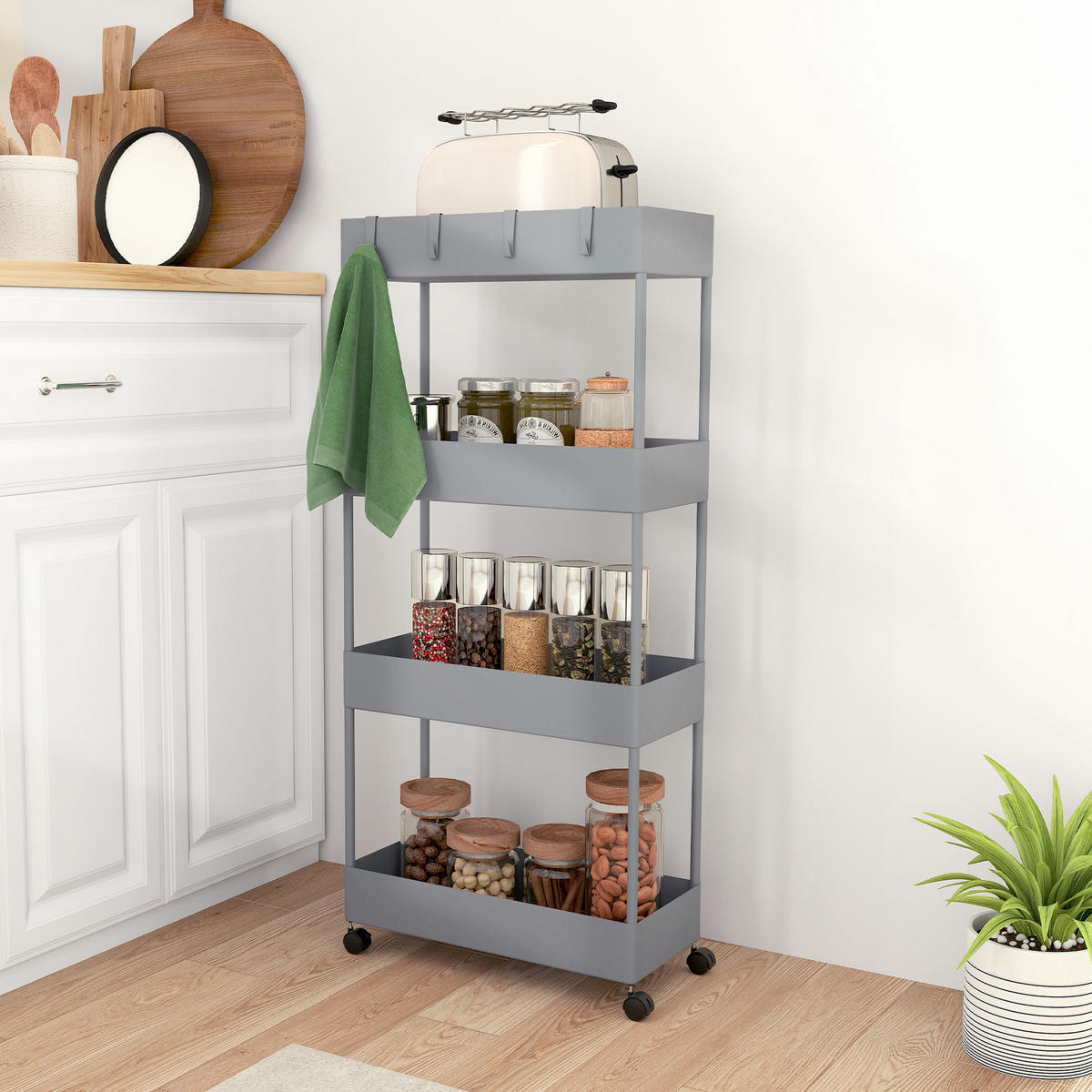 ROLLWAGEN mit 4 Ebenen, Kunststoff, Grau, 40 x 19 x 90 cm - Grau, Metall (19/90/40cm) - HOMCOM