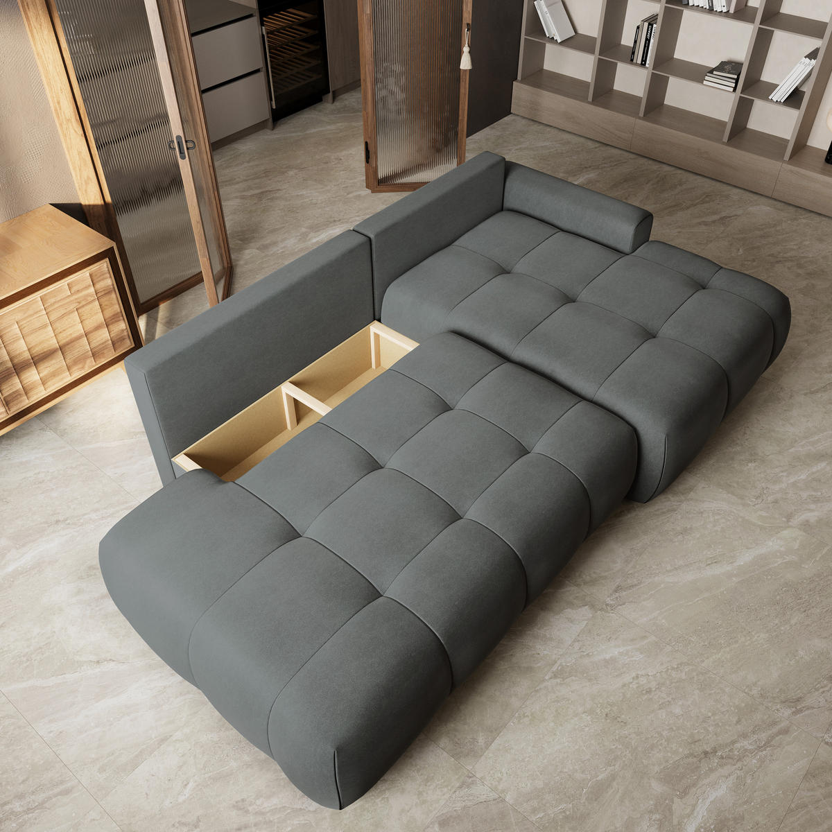 ECKSOFA FLUMA CL R-S Grau Samtstoff mit Schlaffunktion - Grau, Holzwerkstoff/Textil (279/158cm) - MASSENO