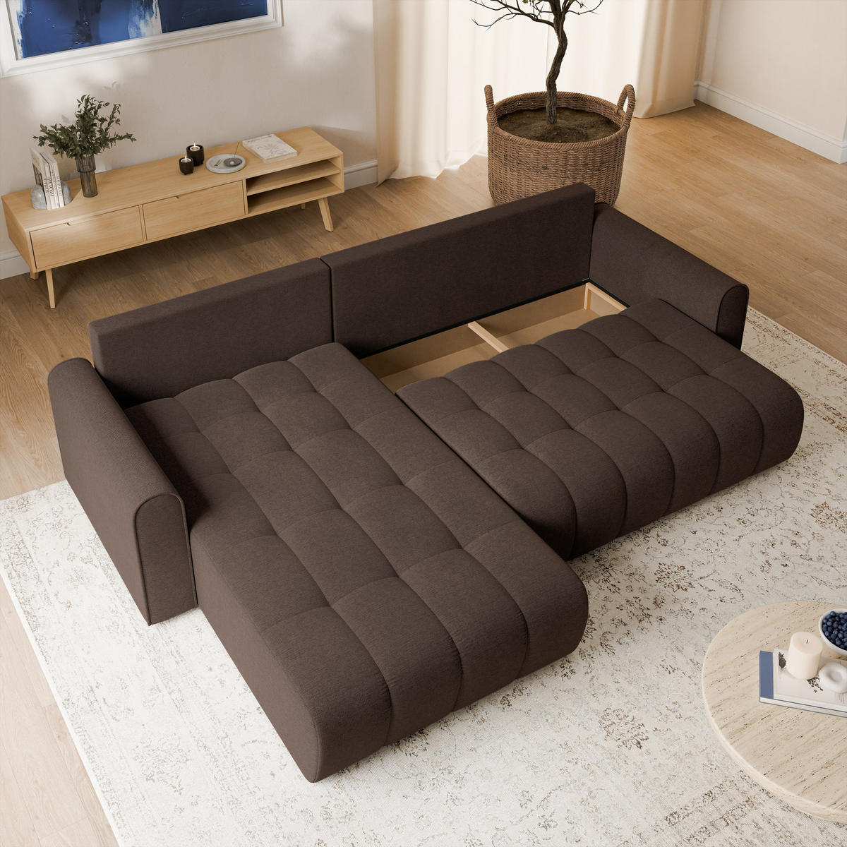 ECKSOFA FRIGA Braun Strukturstoff mit Schlaffunktion - Braun, Holz (283/185cm) - MASSENO