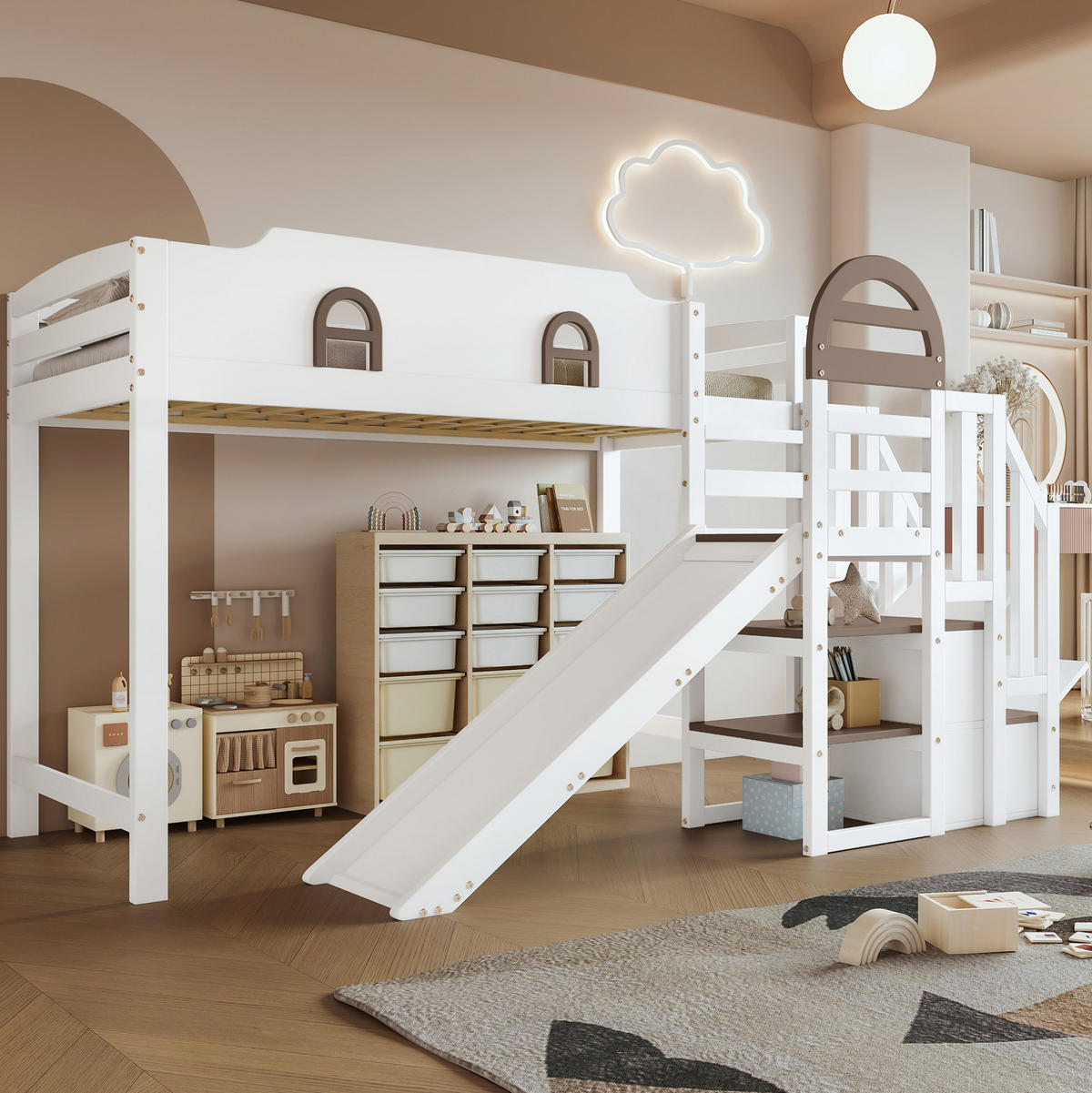 ETAGENBETT aus Kiefer und MDF 90x200 cm Weiß mit Rutsche, Stauraumtreppe und Fenstern - Weiß, Holzwerkstoff (90/200cm) - Modfu