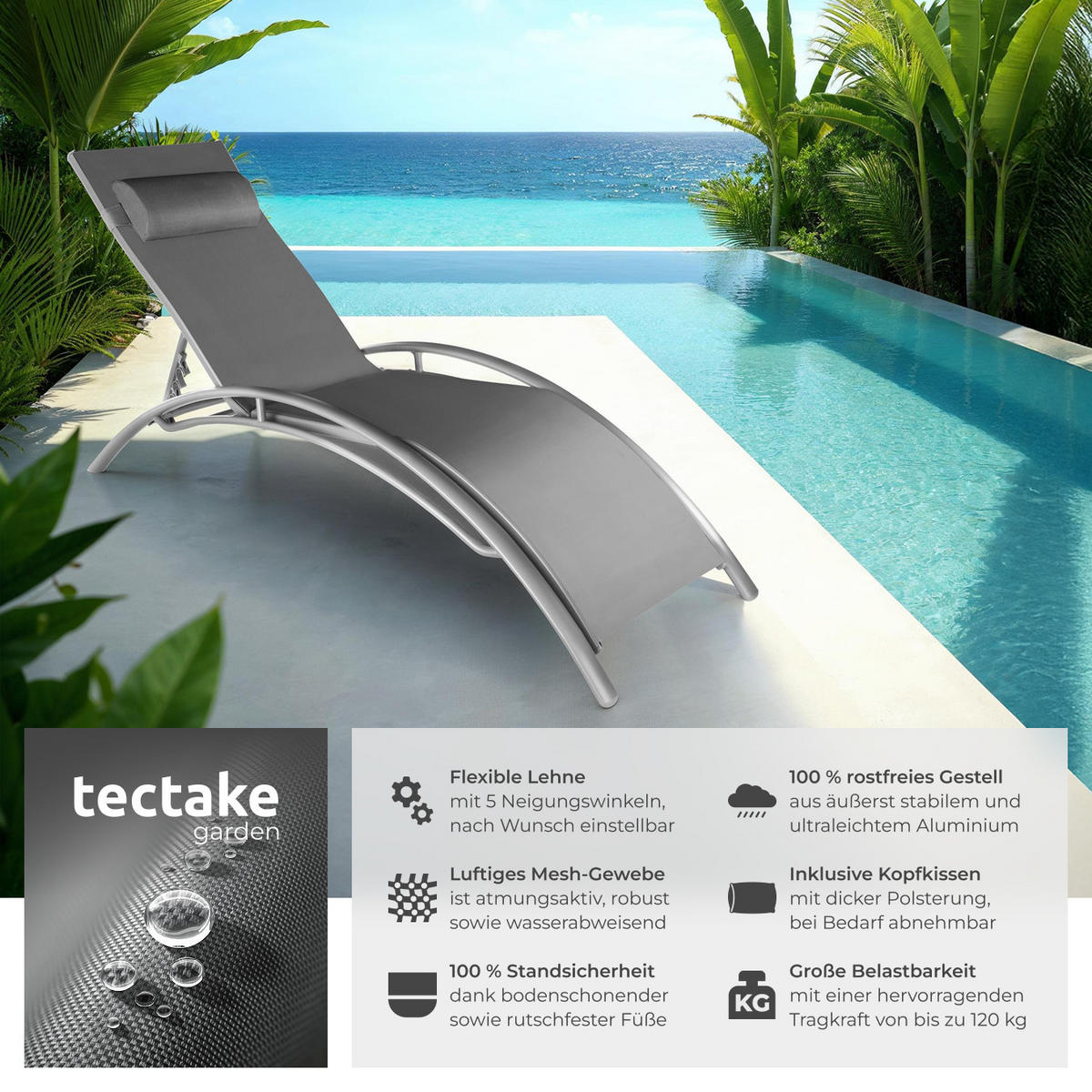GARTENLIEGE 2er Set Alina,180 x 59 x 50 cm,grau - Grau, Kunststoff (59/81.5/180cm) - tectake