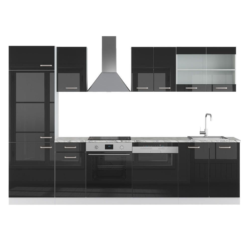 KÜCHENZEILE R-Line Schwarz Hochglanz/Weiß 300 cm ohne AP - Schwarz Hochglanz/Weiß, Holzwerkstoff (300/81.6/46cm) - Vicco