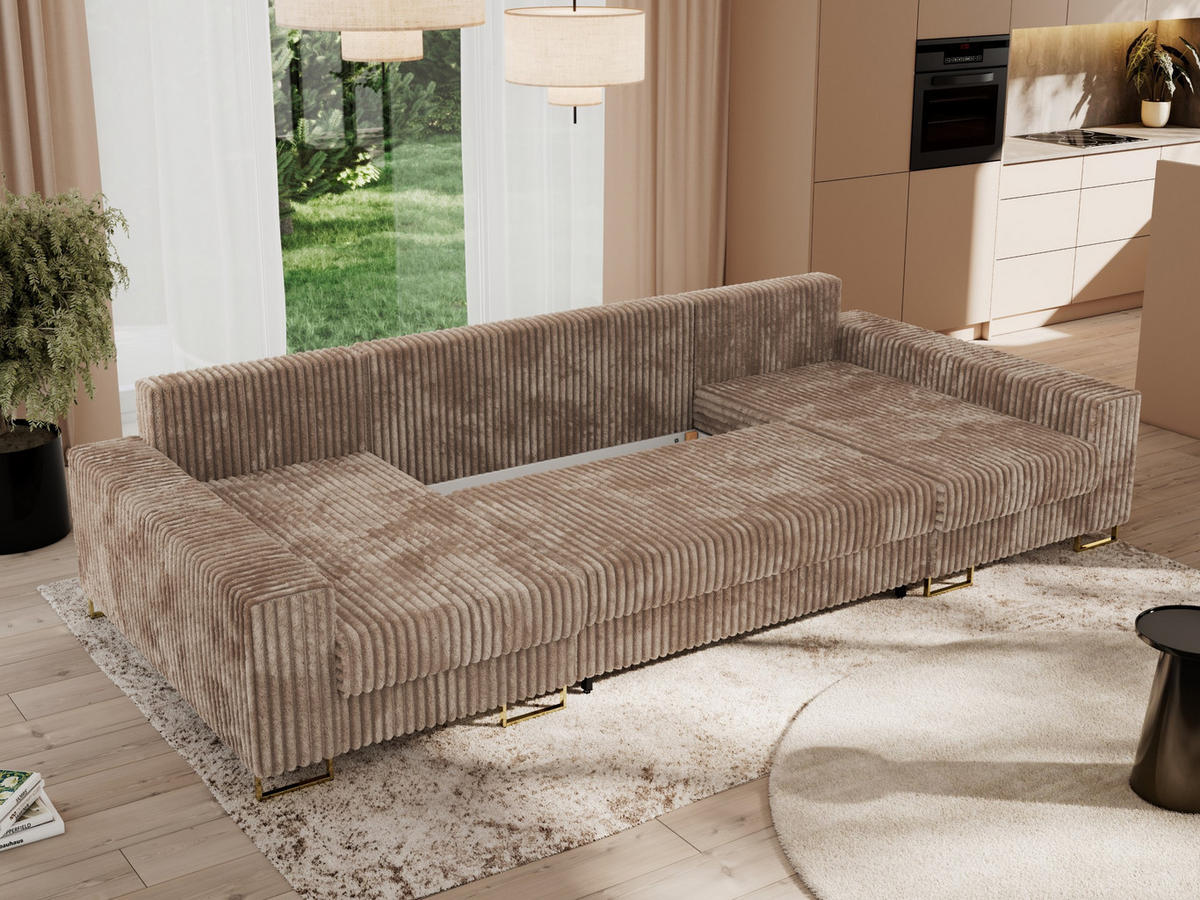 WOHNLANDSCHAFT DORIAN U Cord Braun - Goldfarben/Braun, Textil/Metall (312/95/138cm) - MKS
