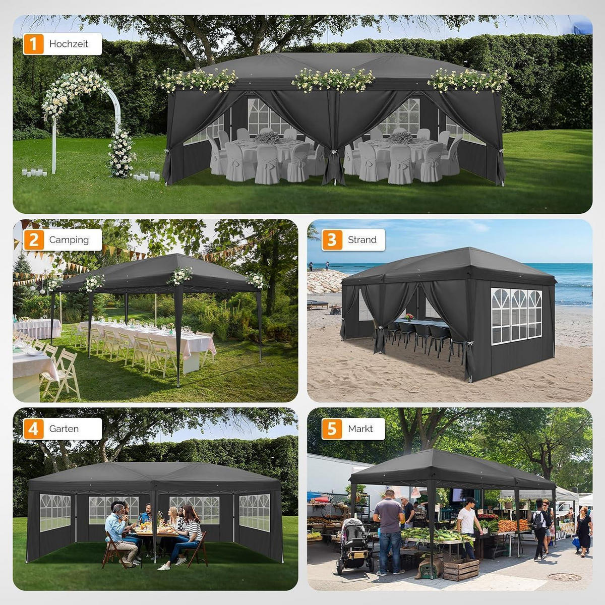FALTPAVILLON 3 x 6 m Grau mit 6 Seitenteilen - Grau, Metall (300/268/600cm)