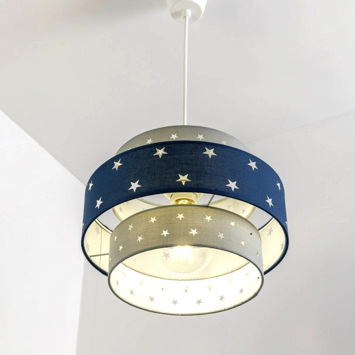 LAMPENSCHIRM STARLIGHT Grau & Marineblau Star Zweistöckig Easy Fit - Dunkelblau, Textil (30/30/19cm) - CGC Europe
