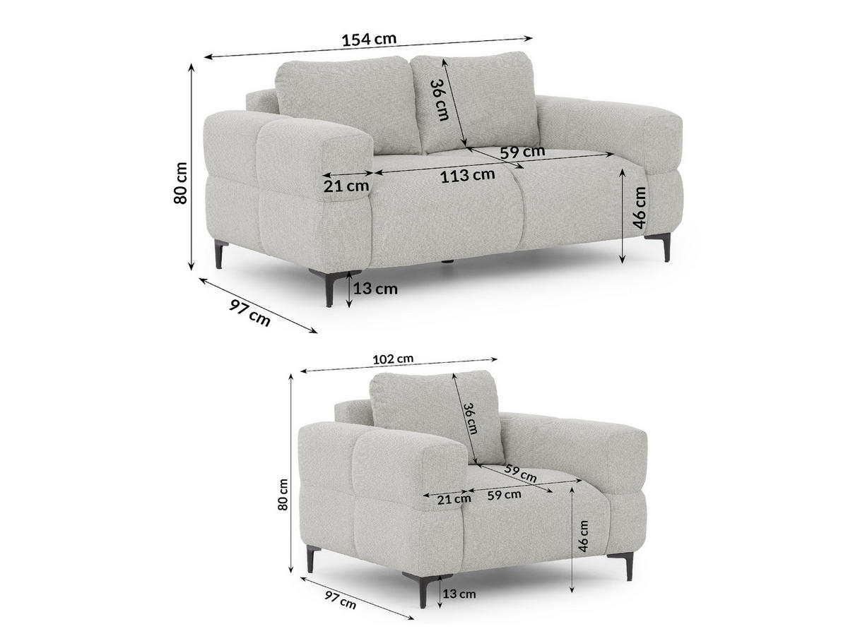 SITZGARNITUR 2+1 Cardea in Bubble-Optik aus weichem Hellgrau Strukturstoff mit hohem Sitzkomfort - Hellgrau/Schwarz, Holz/Textil (154/80/97cm) - S-Style Möbel