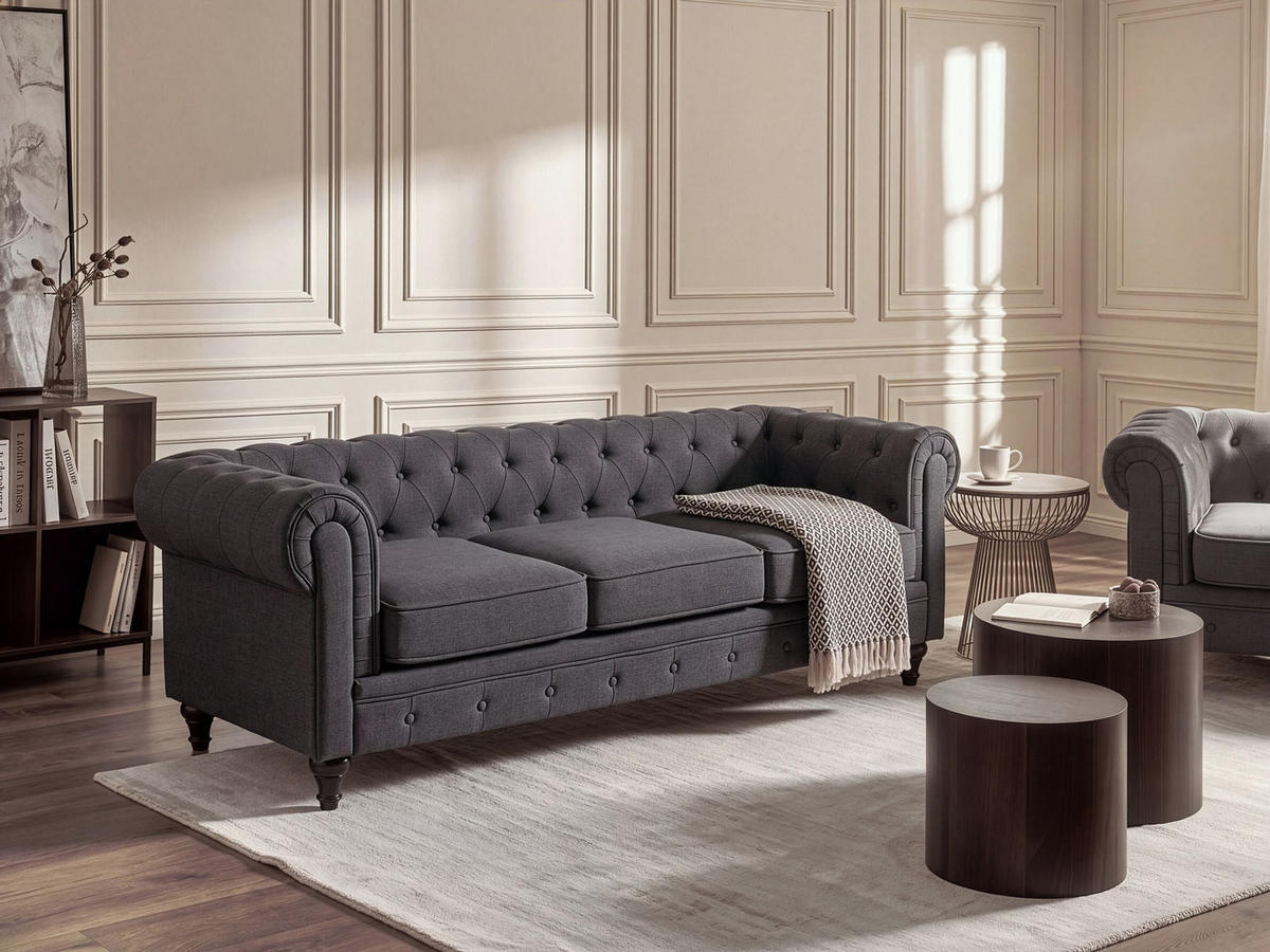 3-SITZER-SOFA Polyester Grau Chesterfield - Grau, Textil (202/70/75cm) - Beliani