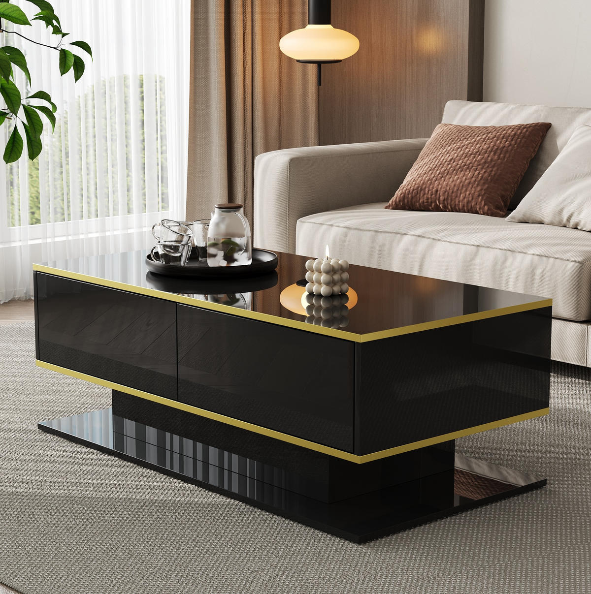 COUCHTISCH mit LED und 3 Schubladen 100 x 50 x 40 cm Schwarz Gold - Schwarz, Holzwerkstoff (100/50/40cm) - Meubliv