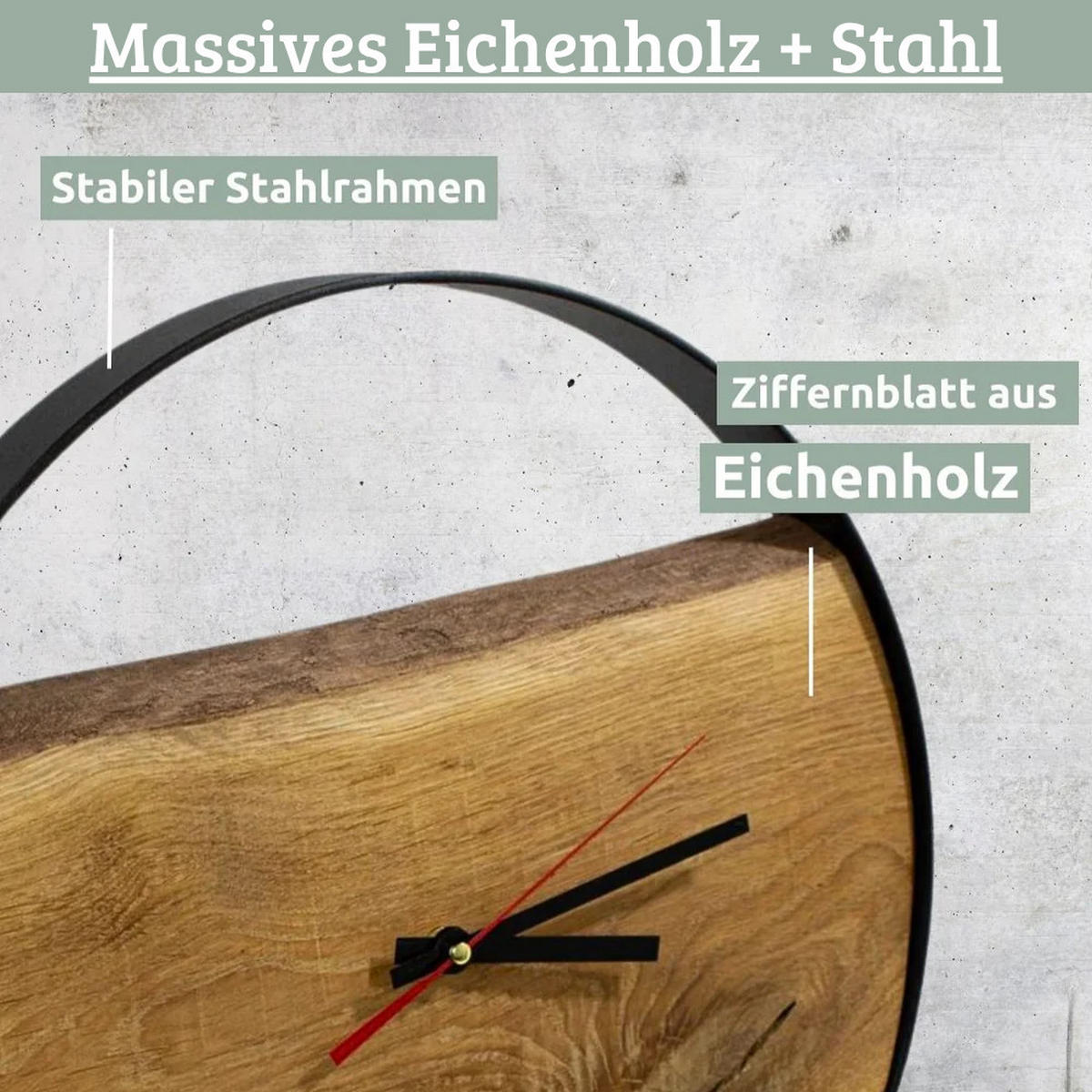 WANDUHR groß Holz PHIL HANDGEFERTIGT 58 cm ⌀ Eiche Geräuschlos - Braun, Holz (58/58/4cm) - DELUKE