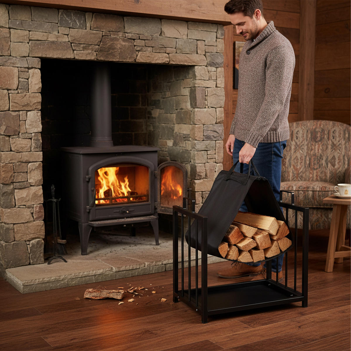 KAMINHOLZSTÄNDER - Schwarz, Kunststoff/Textil (51/50/37cm) - Relaxdays